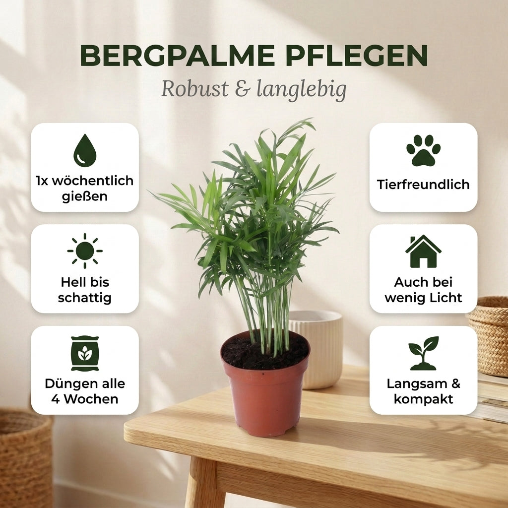 Bergpalme + 3x Zinktopf | 3er-Set | Chamaedorea elegans | ca. 40-45 cm | Ø 12-15 cm Topf