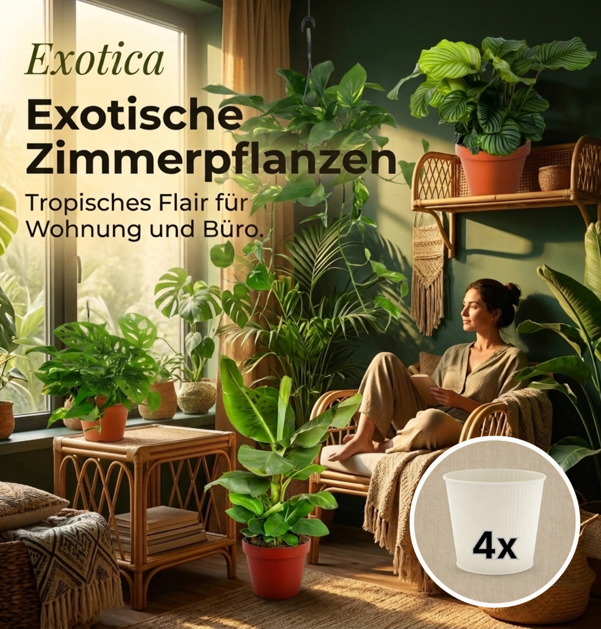 “Exotica” Pflanzenset + 4x Cremefarbener Zinktopf | 4er-Set | ca. 25-50 cm | Ø 12-15 cm Topf