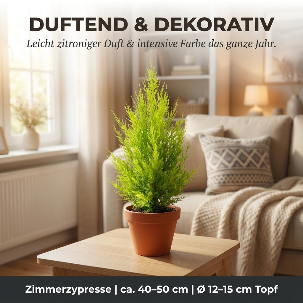 Zimmerzypresse + 2x Seegraskorb | 2er-Set | Goldcrest | ca. 40-50 cm | Ø 12-15 cm Topf