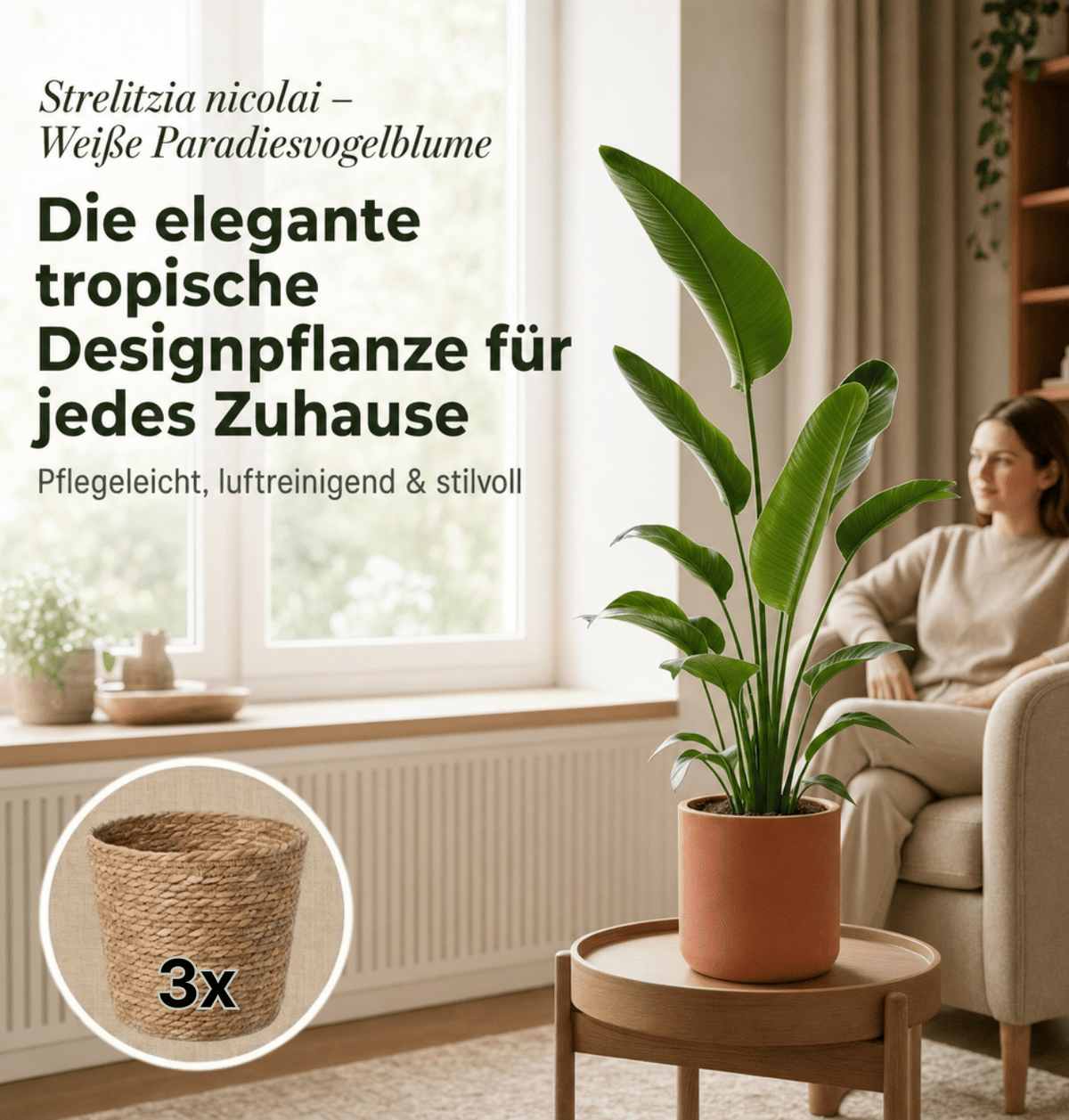 Weiße Paradiesvogelblume + 3x Seegraskorb | 3er-Set | Strelitzia Nicolai | ca. 45-55 cm | Ø 12-15 cm Topf - Blume Ideal