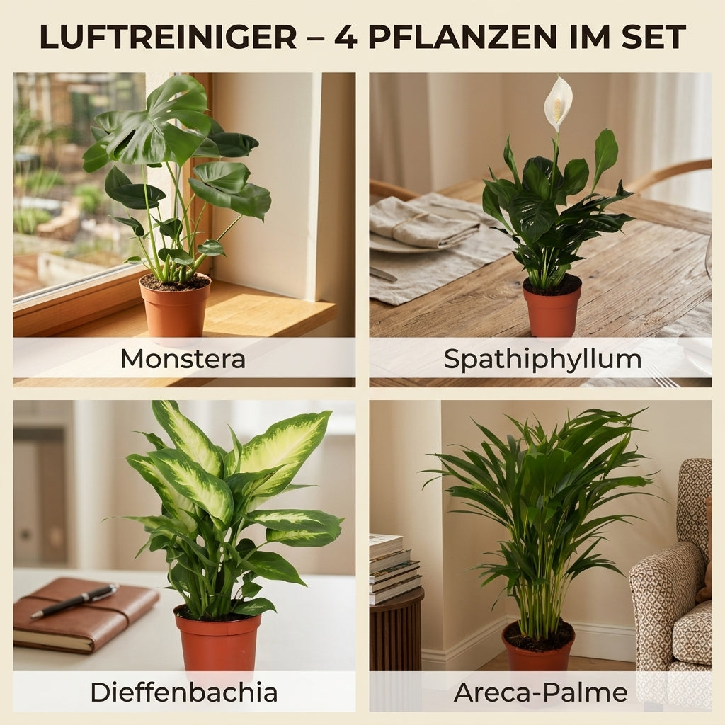 “Luftreiniger” Pflanzen-Set + Zinktopf | 4er-Set | ca. 40-70 cm | Ø 12-15 cm Topf
