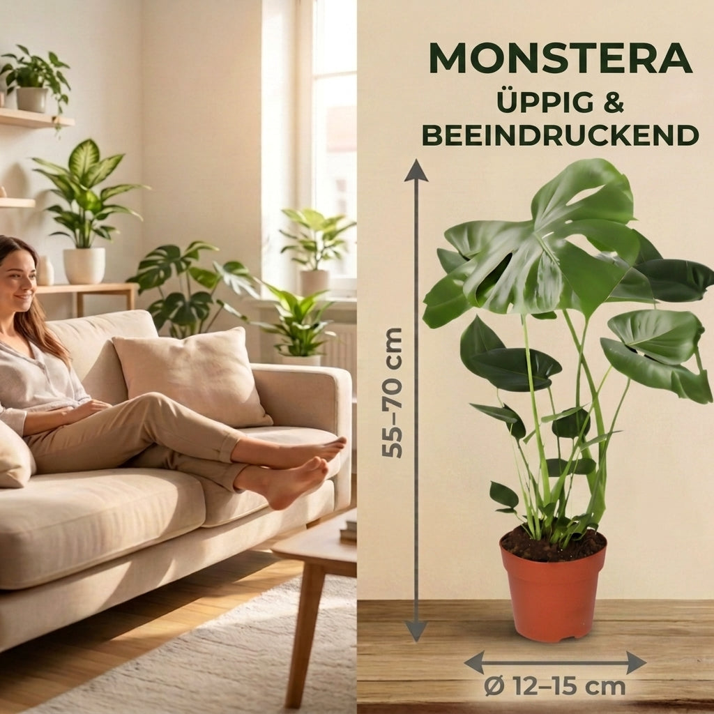 Monstera deliciosa + 4x Cremefarbener Zinktopf | 4er-Set | Fensterblatt | ca. 55-70 cm | Ø 12-15 cm Topf