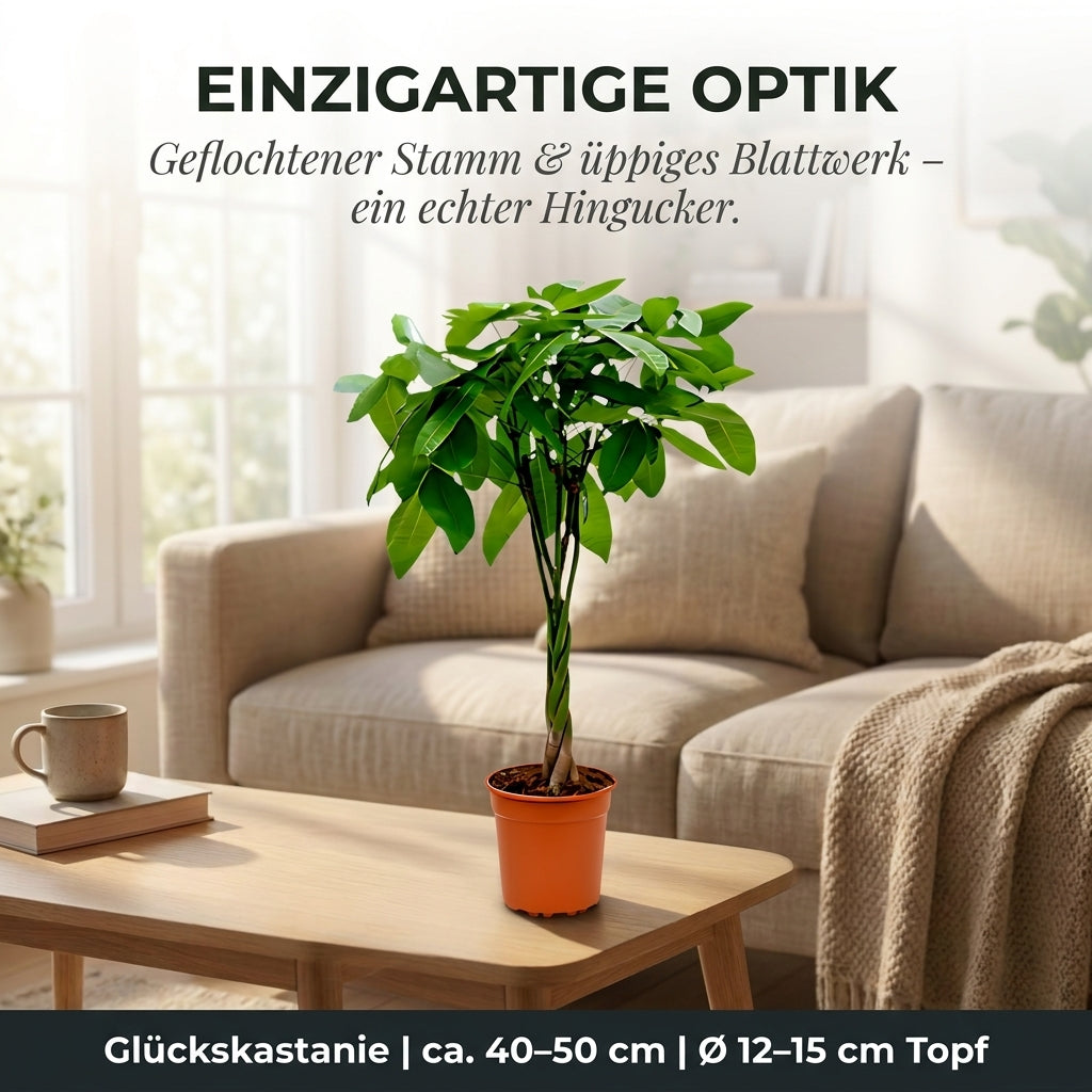 Glückskastanie + 3x Cremefarbener Zinktopf | 3er-Set | Pachira | ca. 40-50 cm | Ø 12-15 cm Topf