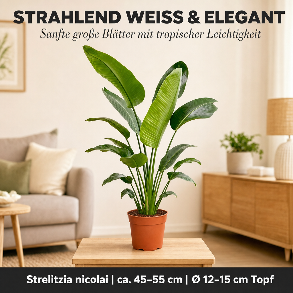 Weiße Paradiesvogelblume + 1x Zinktopf | Strelitzia Nicolai | ca. 45-55 cm | Ø 12-15 cm Topf