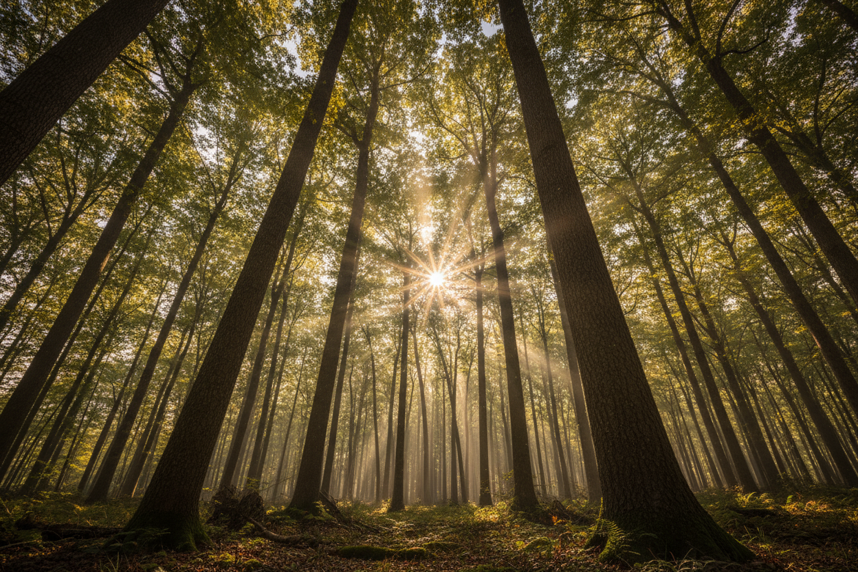 im wald stehend nach oben schauen bäume und sonne stehen
