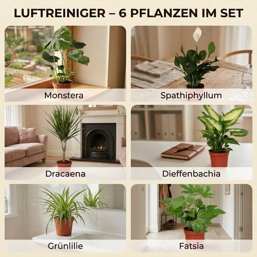 “Luftreiniger” Pflanzen - Set + Zinktopf | 6er - Set | ca. 40 - 70 cm | Ø 12 - 15 cm Topf - Blume Ideal